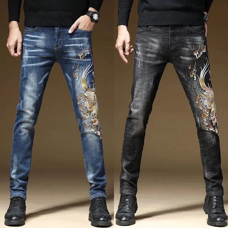 

Men’s Dragon Embroidery High Quality Denim Pants,Slim-fit Stretch Scratches Casual Jeans,White-washed Jeans Pants;