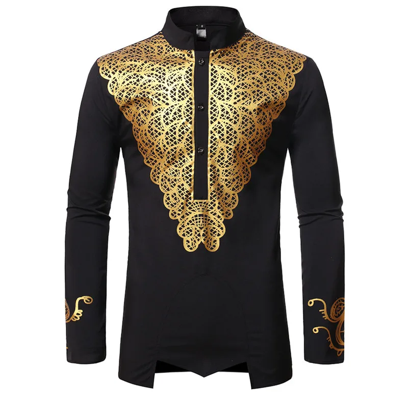 

Luxury Metallic African Dashiki Print Button Up Shirt Men Hipster Streetwear African Clothes Men Slim Long Sleeve Chemise Homme