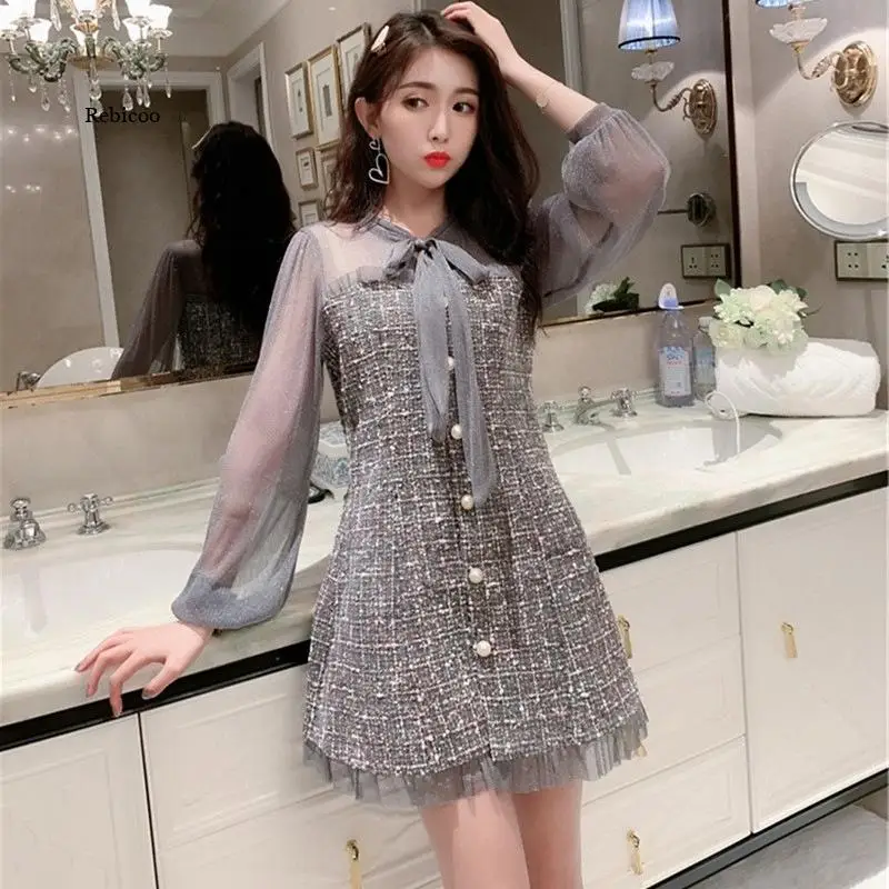 

Sexy See-Through Chiffon Patchwork Tweed Mini Dress Women Ribbon Bow Single-Breasted Long Sleeve Party Dress New Spring