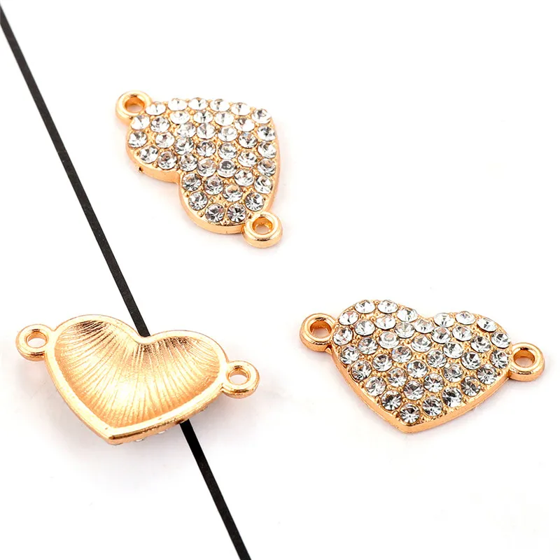 10pcs/lot Heart Gold Plated Full Crystal Charms Connector Pendant DIY Neckalce Bracelet For Jewelry Making Accessories