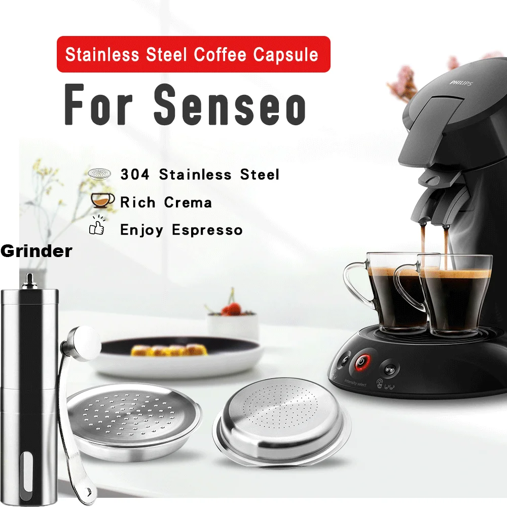 Icafilas Reusable Coffee Capusle for Senseo Maker Stainless Steel Refillable Reutilizable Coffee Filters Pod with Grinder