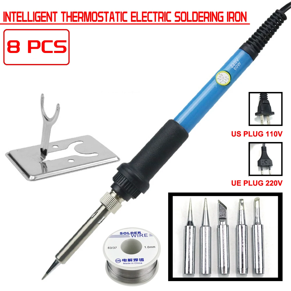 

EU/US Electric Soldering Irons Kit 220V 110V 60W Temperature Adjustable Welding Gun Repair Tool with Tin Soder Wire 5 Iron Tips