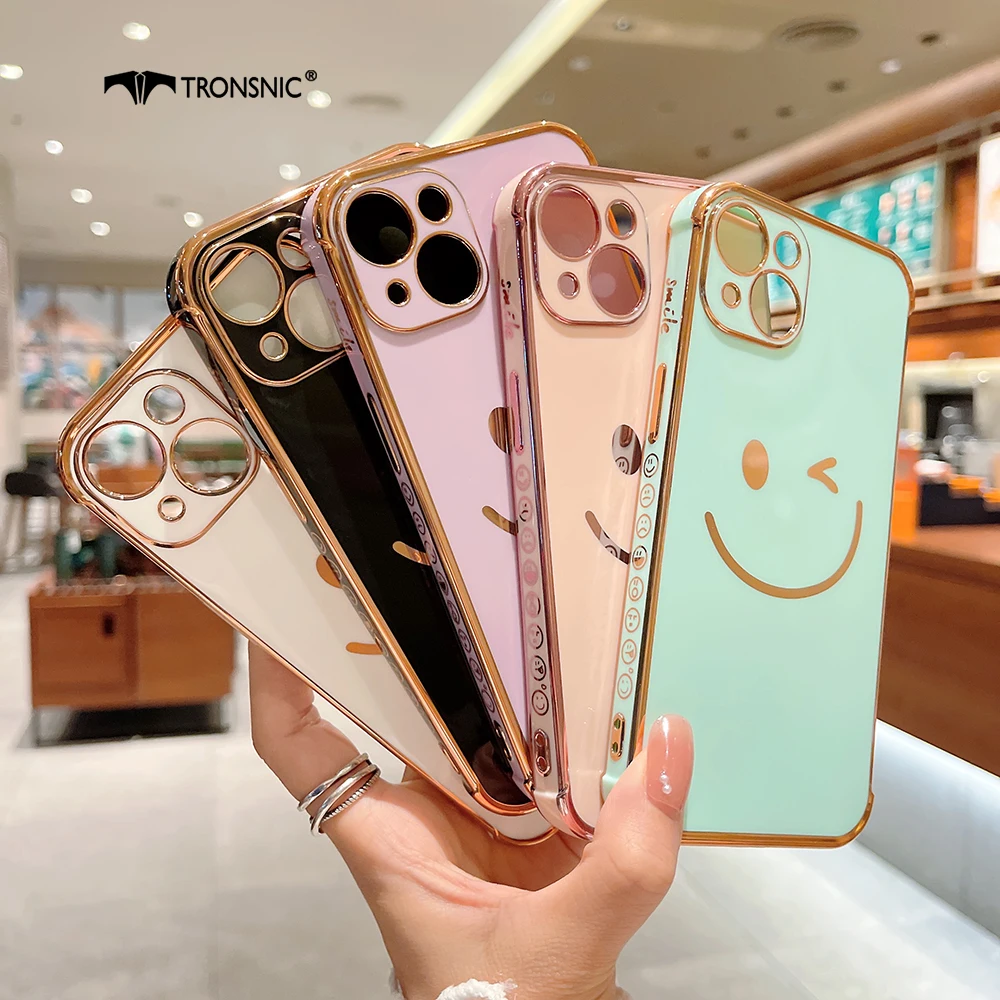 Gold Smile Phone Case for iPhone 13 12 11 Pro Max XR Xs Max Soft Luxury Happy Purple Black White Cases for iPhone 7 8 Plus Cover