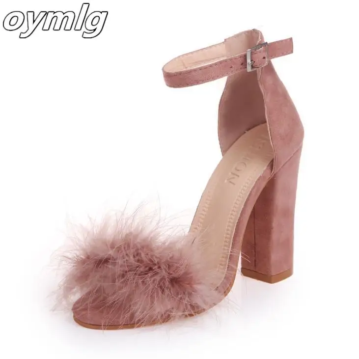 Ankle Strap High Heels Faux Fluffy Rabbit Fur Women Sandals 2020 Thick High Heel Party Wedding Summer Lady Shoes