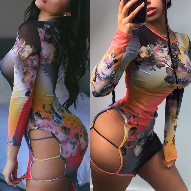 Sketch sexy Nachtclub Outfits Langarm Tie-Dye Blumen druck Bandage Aushöhlung Wickel kleid neue 2024 Sommer Frauen kleidung