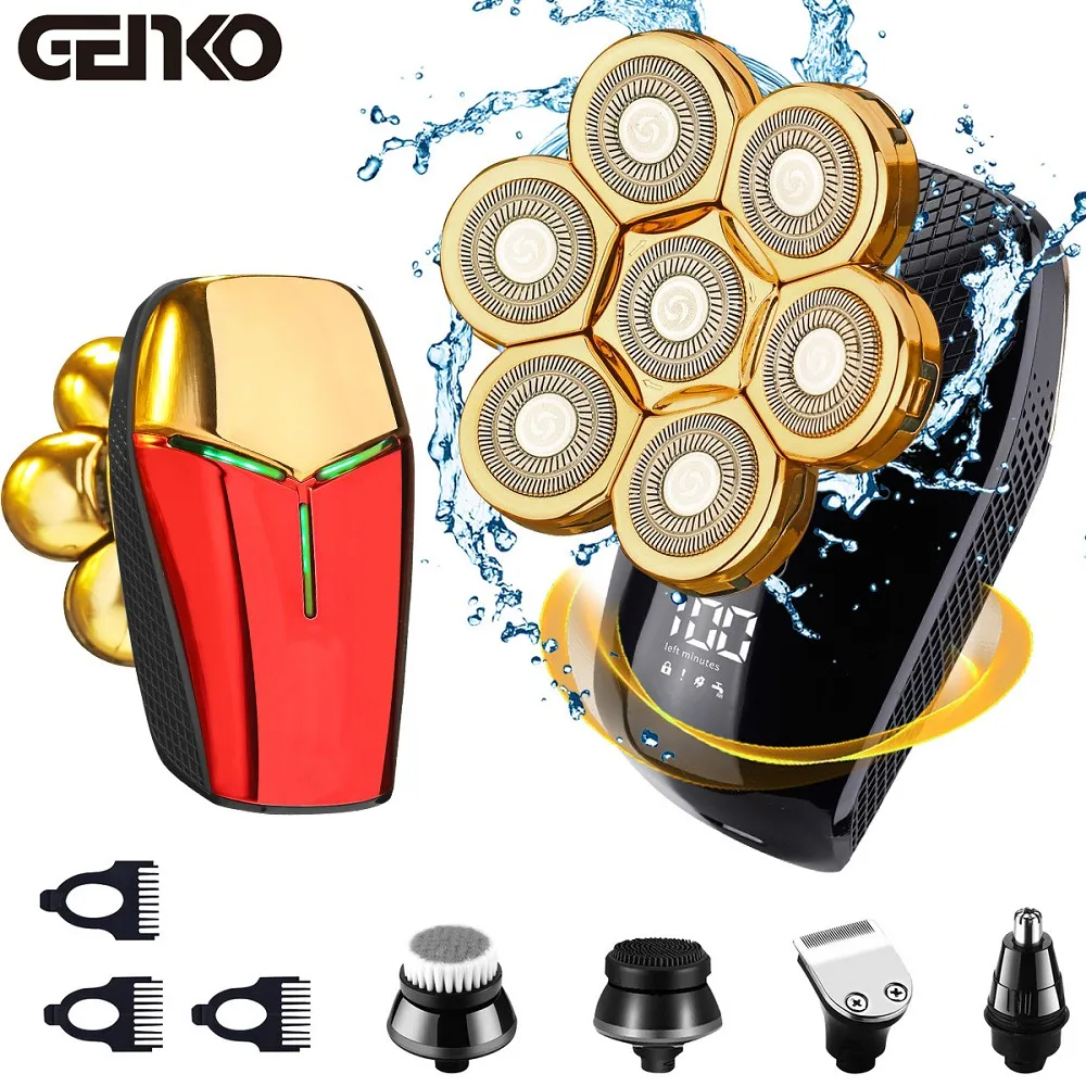 

GENKO 5 In 1 7D Men's Rechargeable Bald Head Electric Shaver 7 Floating Heads Beard Nose Ear Hair Trimmer Razor Clipper Facial B