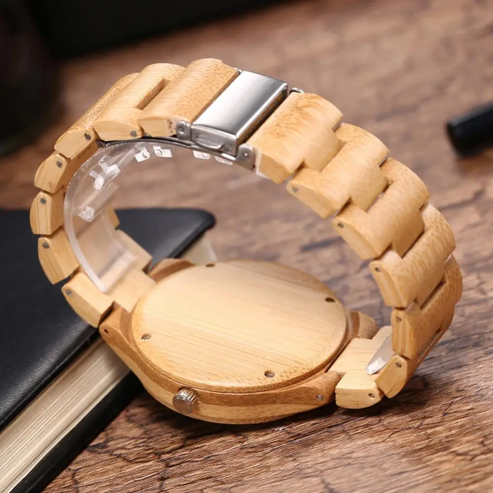 Reloj japonés para hombre, reloj de pulsera a la moda, esfera redonda, banda de bambú, cierre de mariposa, sin número, relojes de pulsera de cuarzo analógicos, reloj de regalo