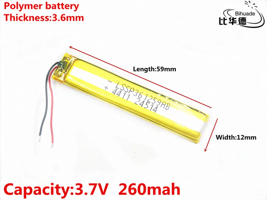 Bateria de energia litro boa qualidade 3.7v, 260mah 361259 de polímero de lítio/li-ion bateria para tablet pc bank, gps, mp3,mp4