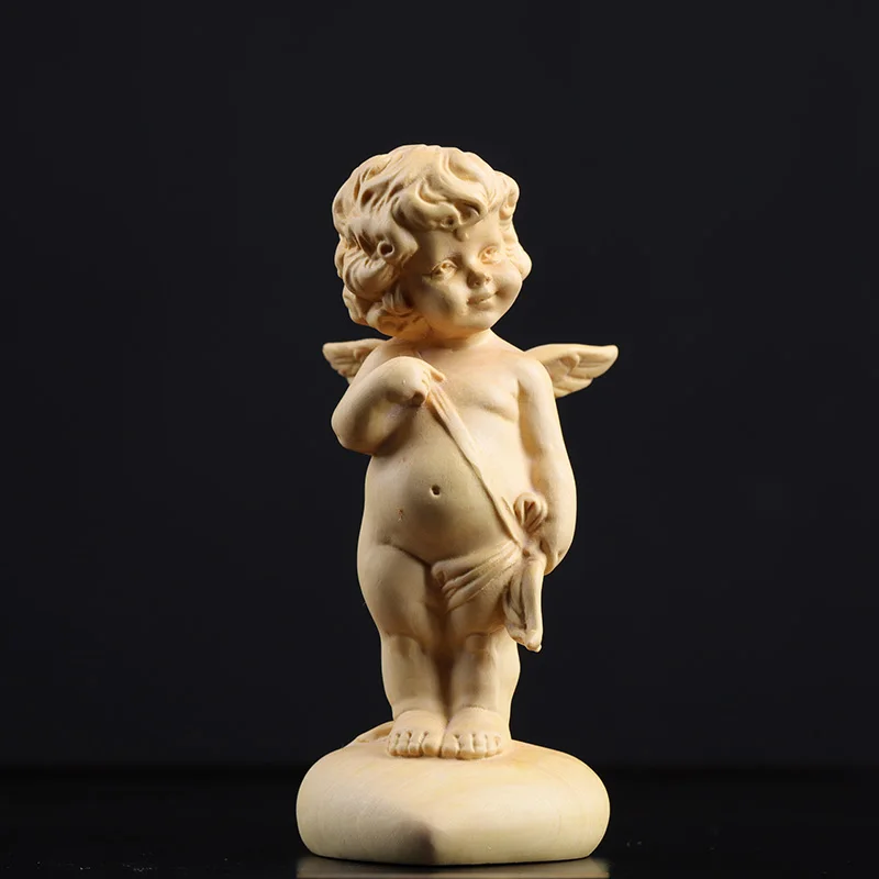 Handcrafted Wood Sculpture, Enchanting Cupid, The Love God, the Holy Messenger Angel in Solid Wood, A Centerpiece of Romance