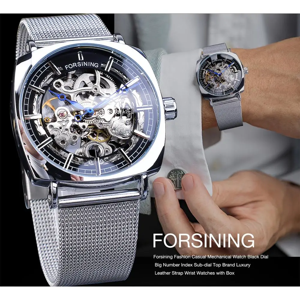 Forsining New Fashion Mechanical Watch For Men Square Automatic Skeleton Analog Silver Slim Mesh Steel Band Watch Relojes Hombre