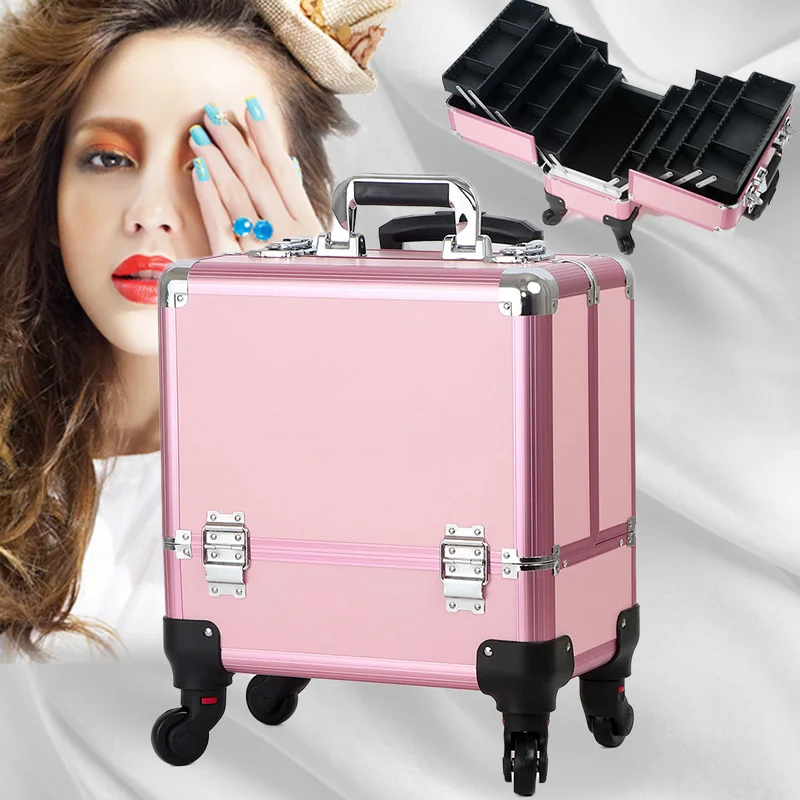 Aluminum Alloy Professional Beauty Manicure Makeup Case Women's Pink Large Capacity Portable Textured Tool Box Wheel Suitcase