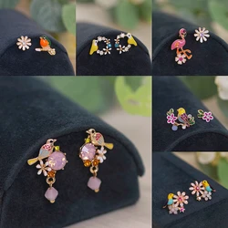 Korean Cute Rhinestone Animal Stud Earrings for Women Girls Painting Oil Lovely Flower Stud Earrings Birthday Party Jewelry Gift