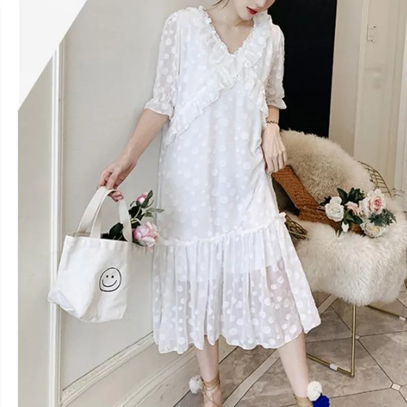 High Quaily 2022 Korean fashion women's polka dot dress loose casual wind lace Stitching women's clothing