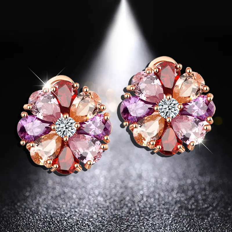 HUAMI 2021 Fashion Jewelry Cubic Zircon Stud Earrings Female Fashion Accessories Flower Earrings for Women Birthday Gift Party