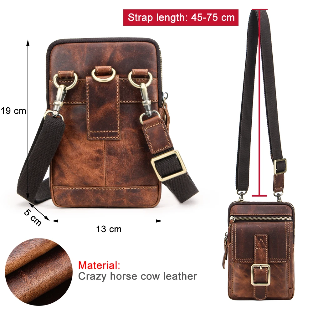 CONTACT\'S FAMILY Crazy horse leather Male Phone Pouch Bags Case For iphone 16 15 14 Pro Waist Pack Bag Men\'s Shoulder Belt Bag