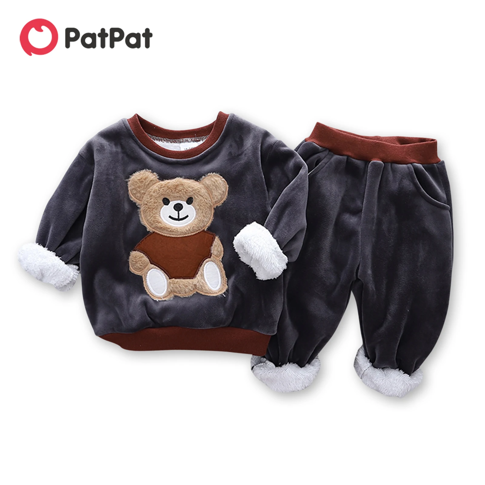 

PatPat 2pcs Baby Cartoon Bear Pattern Thickened Fleece Lined Grey Long-sleeve Pullover and Trousers Set