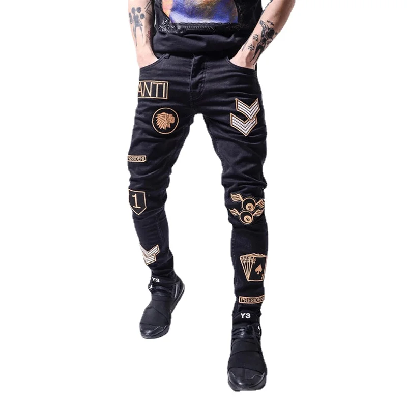 New Trend Fashion Mens Jeans Patch Embroidery Elastic Slim Men Pencil Pants Solid Color Patchwork Denim Pants Boyfriend Jeans