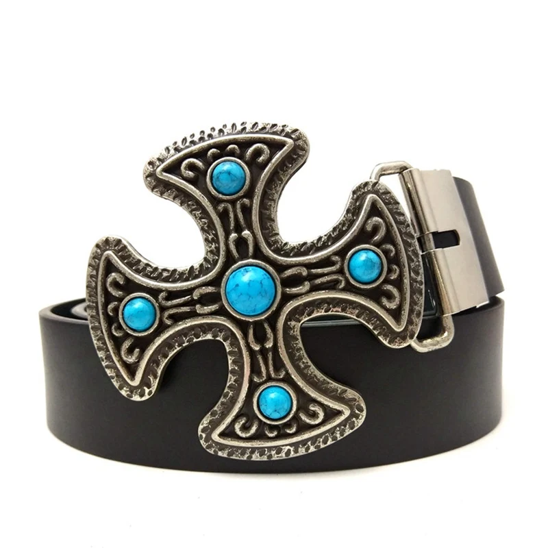 Ceinture de Cowboy occidentale en cuir PU noir, décontractée, pour homme et garçon, avec croix Turquoise Vintage, boucle en métal, accessoires à la mode