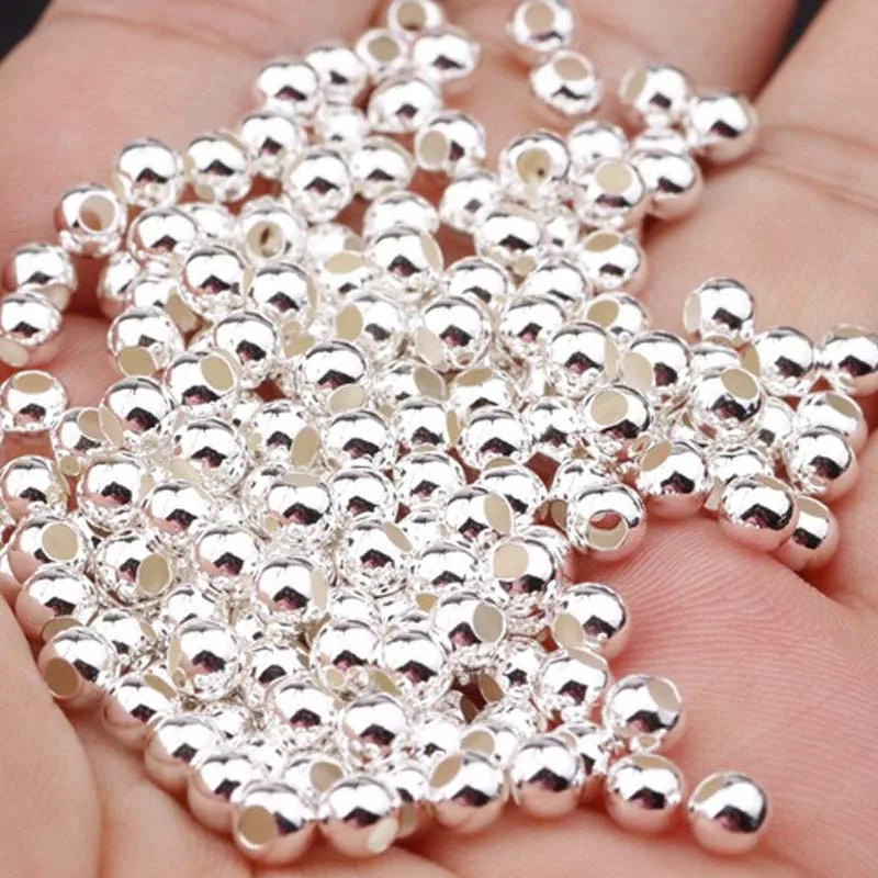 Large Hole Genuine Real Pure Solid 925 Sterling Silver Beads Jewelry Findings Round Smooth Bead DIY Bracelet Necklace 3-8mm