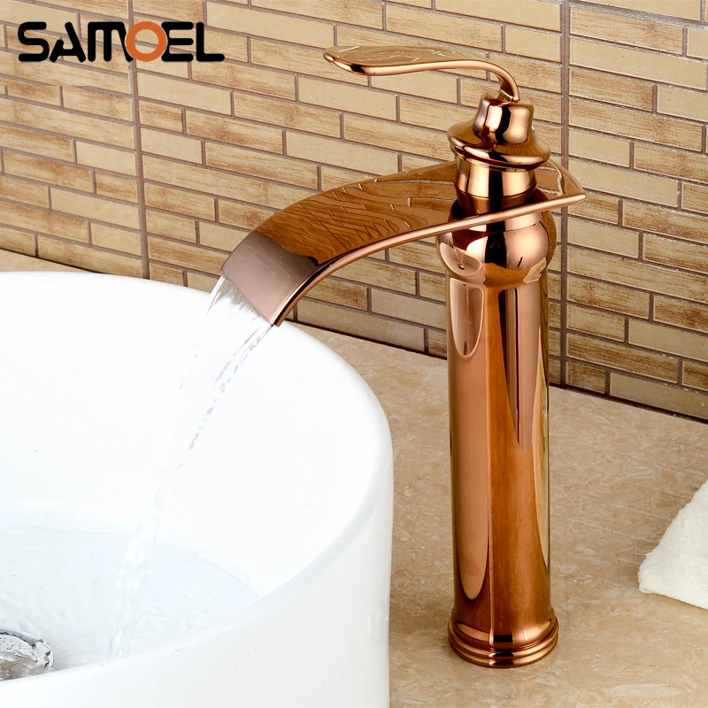 

Luxury Brass Rose Gold Bathroom Sink Waterfall Faucet mixer Single Handle Deck-Mounted Basin Water Tap hot cold Crane RS346