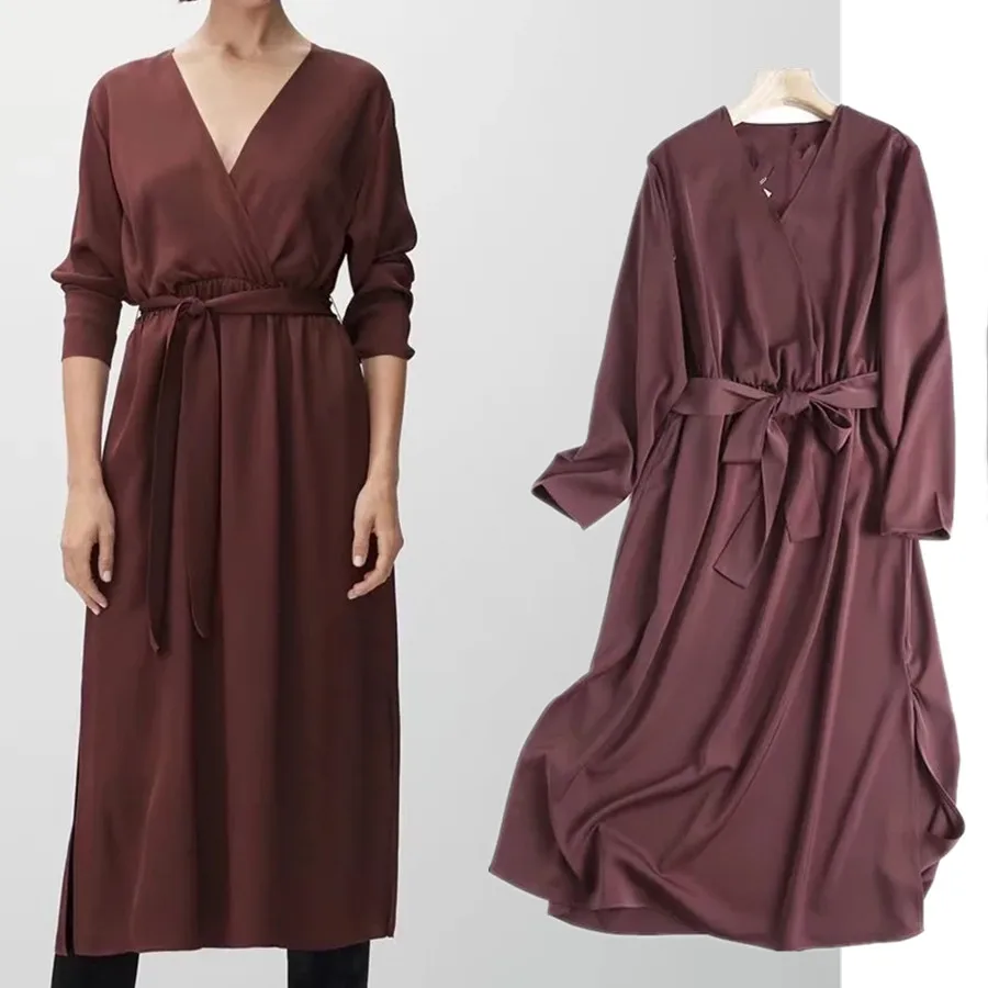 

Jenny&Dave New England Style Party Dress Women Vestidos Simple Fashion Elegant Midi Dress Women Solid Satin Loose Long Dress