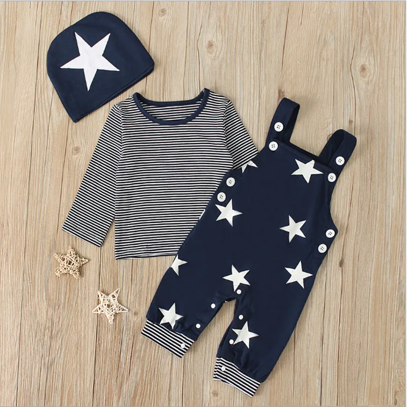 

Newborn Infant Baby Boy Clothes Fashion Spring Striped Long Sleeve Tops+Suspender Romper+Hat 3PCS Toddler Baby Girl Clothing