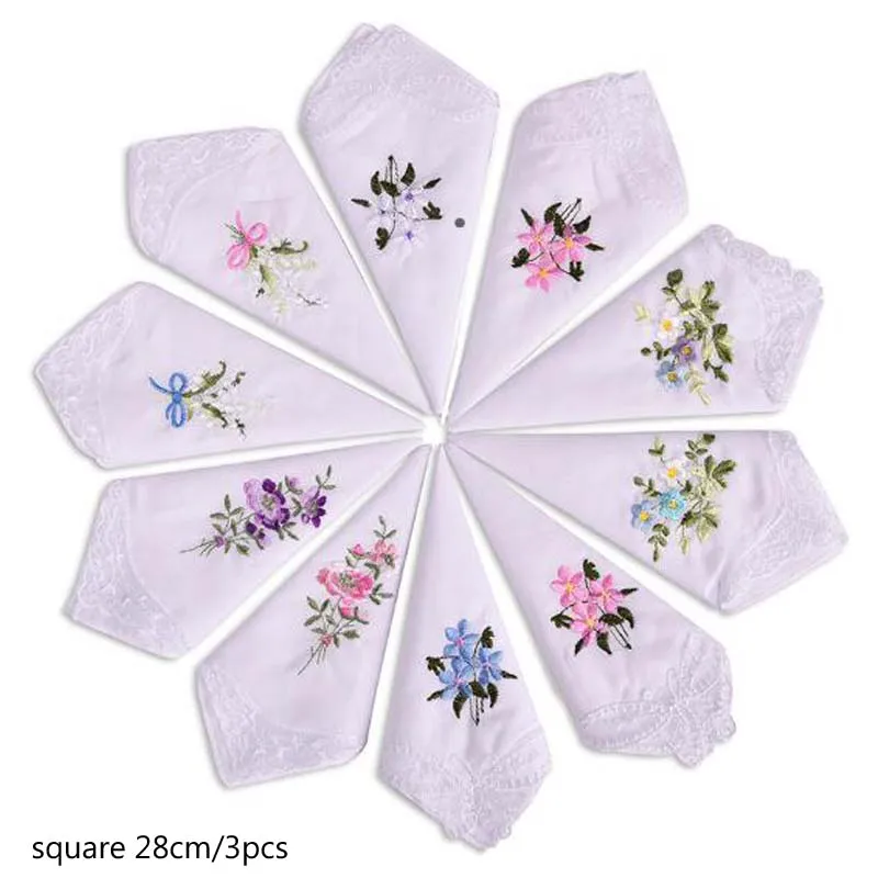 3PCS Fashion Cotton Women Hankies Embroidered Lace Flower Hanky Floral Random Color Cloth Ladies Handkerchief Fabrics gift