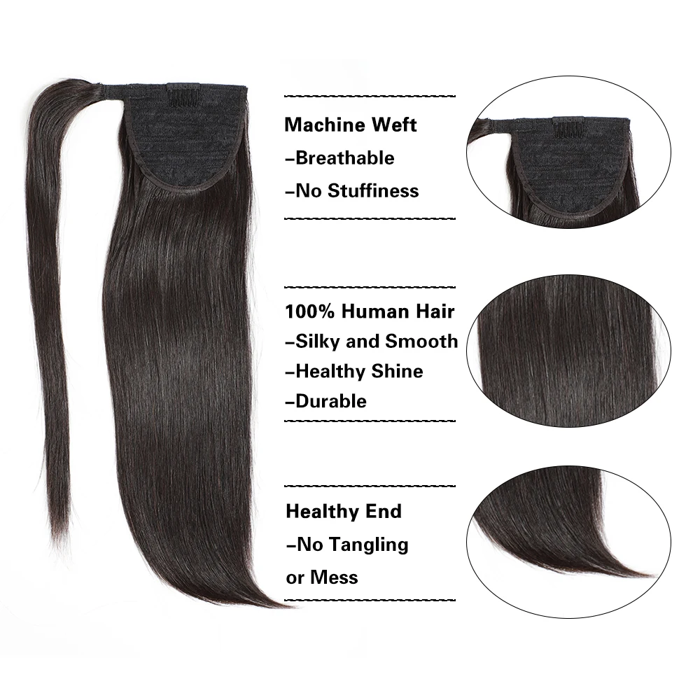 Long Peruvian Ponytail Human Hair Extensions Straight Remy Hairpiece Magic Wrap Around Clip In Ponytail For Women