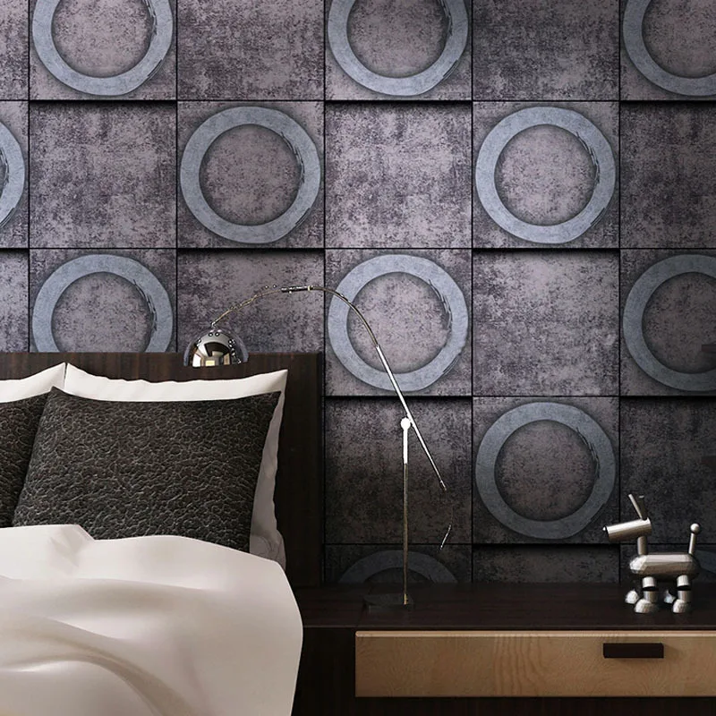 3d Vintage Vinyl Circle Wall Wallpaper Retro Grey Unique Loft Style Waterproof Metal Wall Paper Roll For Restaurant Room Walls