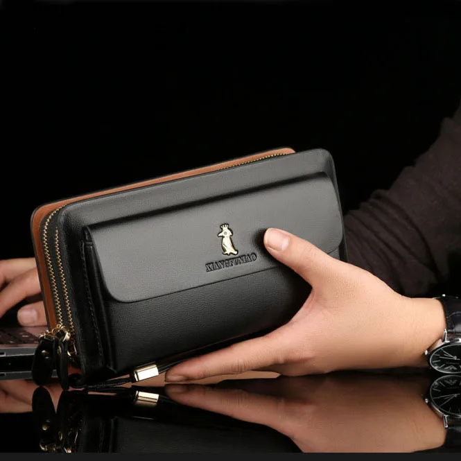 กระเป๋าสตางค์ผู้ชายซิปคู่ย้อนยุคหรูหรากระเป๋าคลัทช์กระเป๋าสตางค์หนังออแกไนเซอร์ความจุขนาดใหญ่ปกหนังสือเดินทางชายพอร์ทฟูย์ ฮอมม์