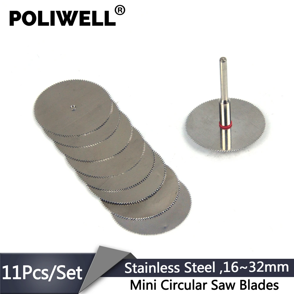 POLIWELL 16mm~32mm Stainless Steel Mini Circular Saw Blade Set 3mm Fixed Rod Plastic Wheel Cutting Disc for Dremel Rotary Tool