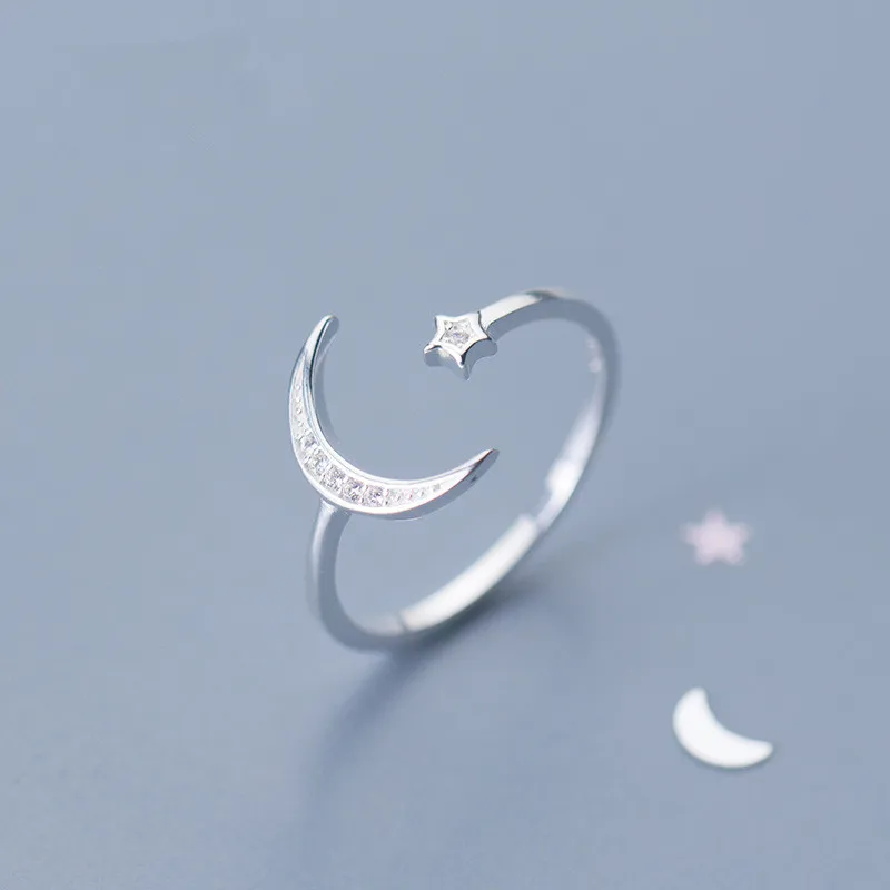 WANTME Opening Adjustable Cute Minimalist Star Moon Rings for Women Genuine 100% 925 Sterling Silver Fine Jewelry Accessories
