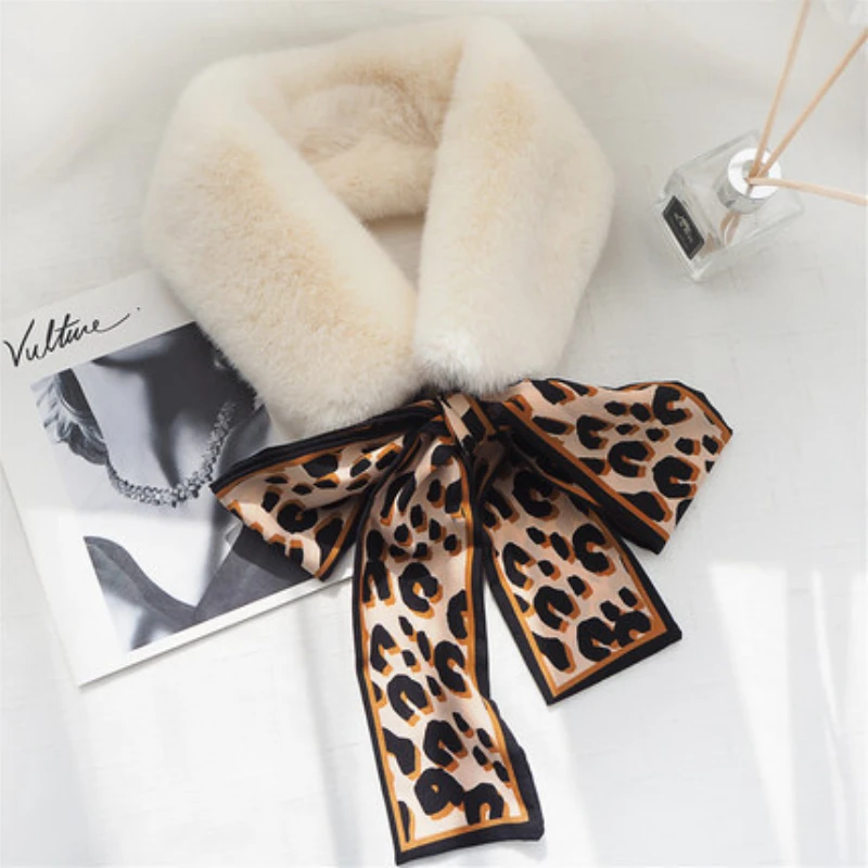 Korean Winter Warm Neckerchief with Leopard Scarf Imitation Rex Rabbit Plush Wild Fur Collar Bow  Hair Band for Women Girls