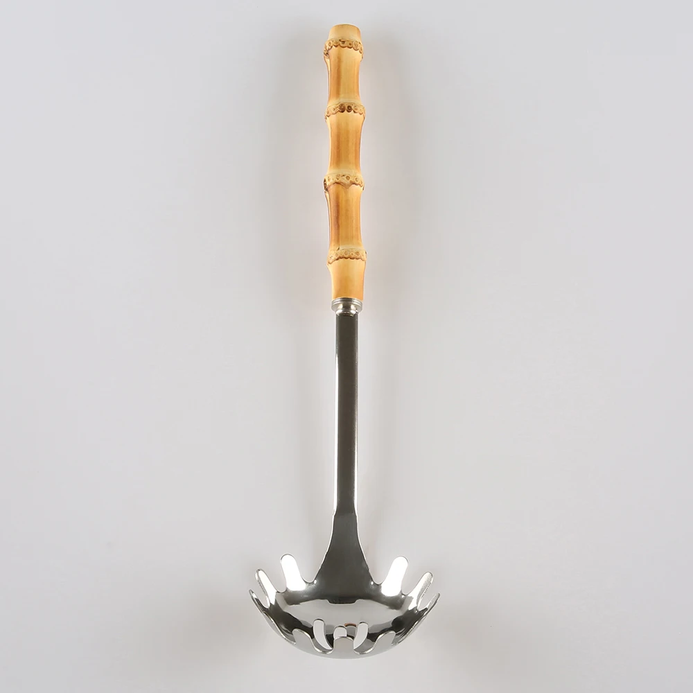 Kitchen Cooking Stainless Steel Bamboo Root Wood Handle Noodle Slotted Strainer Ladle Skimmer Spoon Fork Spaghetti Pasta Server