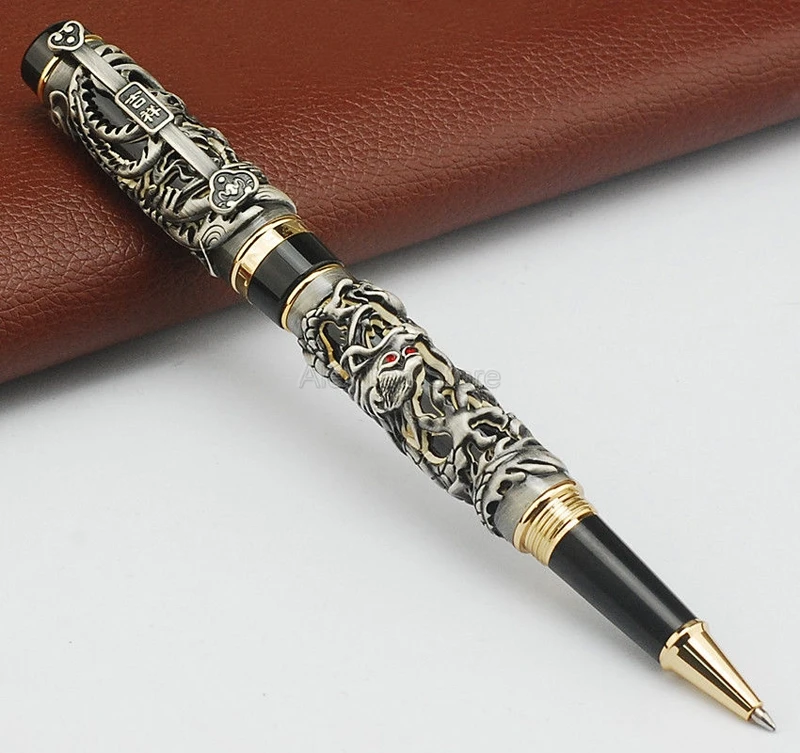 Jinhao Dragon Phoenix Vintage Rollerball Pen, Metal Carving Embossing Heavy Pen, Noble Gray & Black For Office School Writing