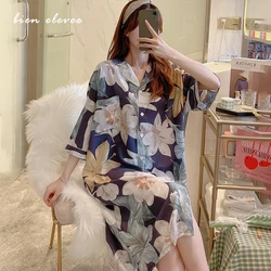 Women Sleepwear Nightgown Floral Printed Viscoes Summer Nightdress Sleeping Dress Female Plus Size Homewear Sleepshirt Pijama