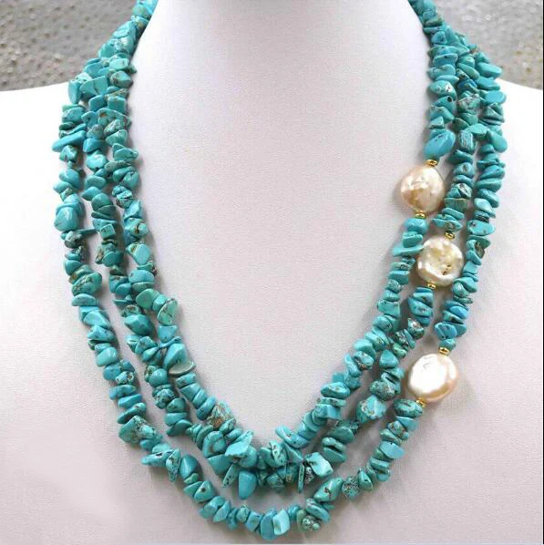 3 Layers 5-9mm Natural pink pearl Blue baroque stone necklace Jewelry 18inch 45cm 35cm