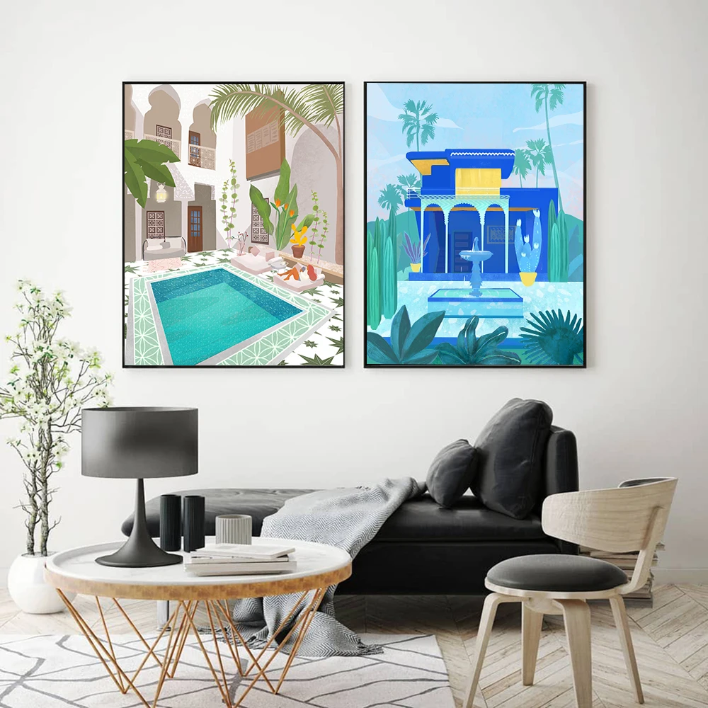 Morocco Wall Art Prints Travel Posters Marrakech Riad Jardin Majorelle Landscape Canvas Painting Nordic Wall Pictures Home Decor