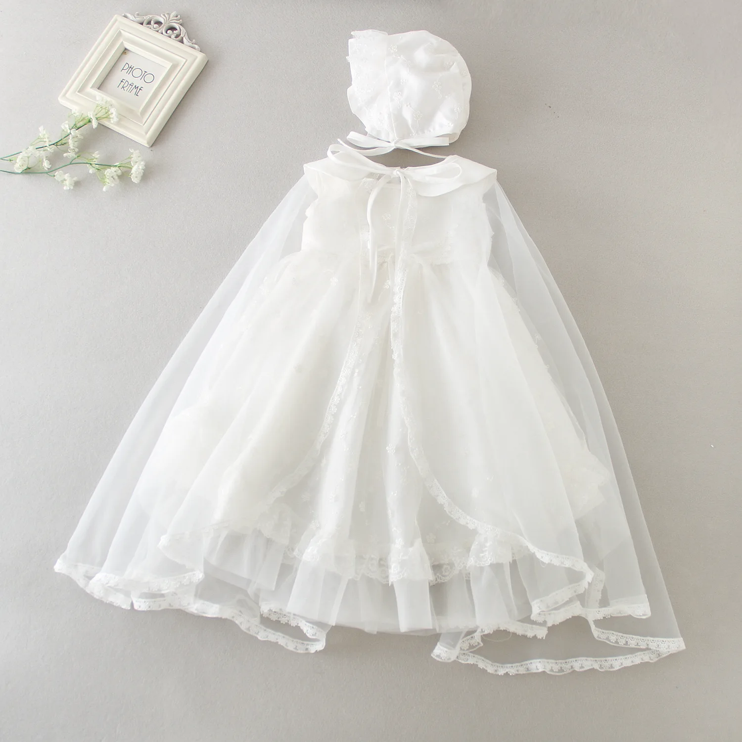 

3pcs Set Infant Baptism Dress 2020 New Baby Girl Dress 1 Year Birthday Dress Ivory Christening Gowns for Kids 3-24M