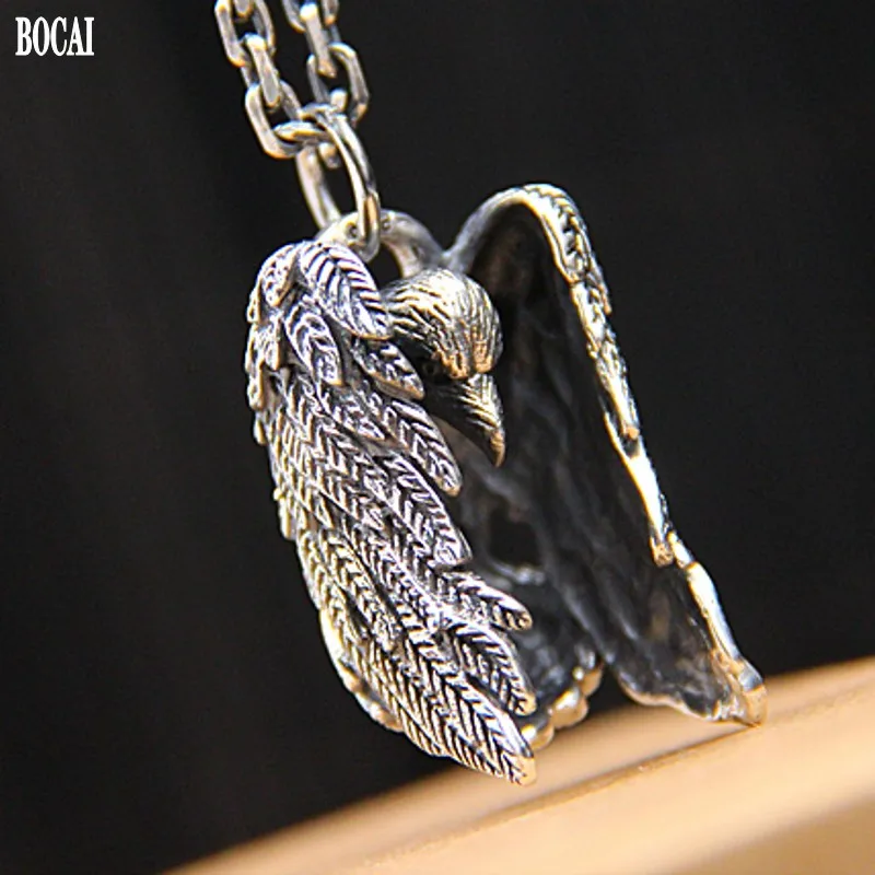 BOCAI Real Personality Trend Jewelry Evil Psychic Crow Sterling Silver s925 Men's Pendant Retro Feather Bird Pendant