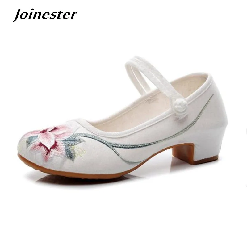 Women Elegant Mi Heel Pumps Vintage Embroider Mary Jane Dress Shoes Woman Summer Sandals Ankle Strap Ladies Slingback Party Shoe