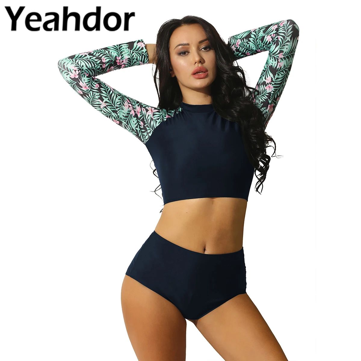 Kobiety dwuczęściowy strój kąpielowy strój kąpielowy kwiatowy Print z długim rękawem wysypka straż krótki Top z Ruched trójkąt zestaw Tankini strój