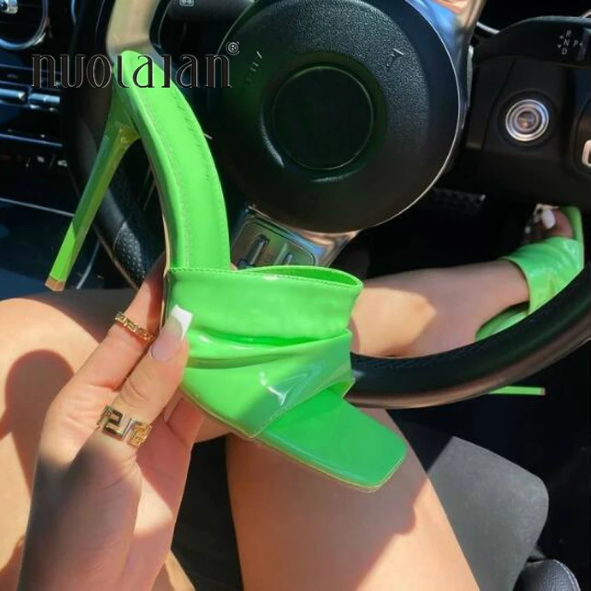 2022 Summer Women Sandals Sexy Green Slippers Sandal Shoes Woman Thin High Heels Square Toe Sandal Lady Pump Shoes Mules