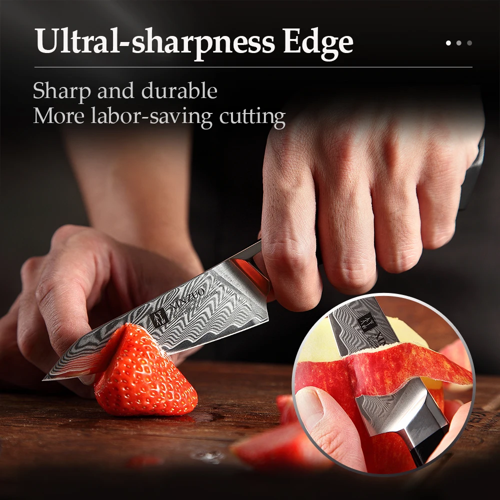 XINZUO 3.5\'\' Paring Knife Damascus Steel Blade VG10 Core Razor Sharp G10 Mosaic Brass Rivet Handle Kitchen Knives Fruit Peeling