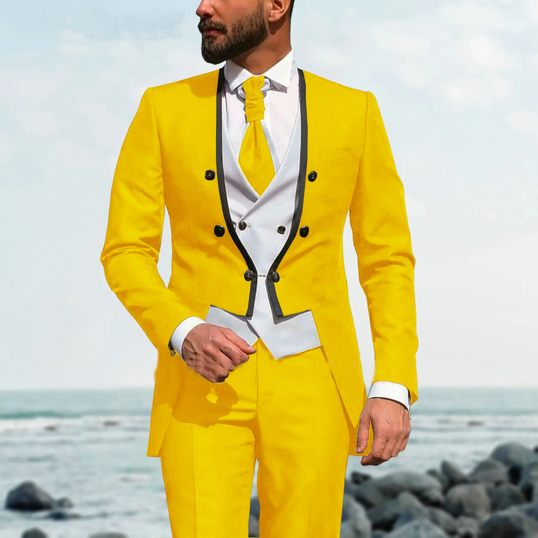 

JELTONEWIN 2021 Tailcoat Design Yellow Men Suit 3 Pieces Slim Fit Wedding Suits For Men Groom Tuxedos Bridegroom Best Man Blazer