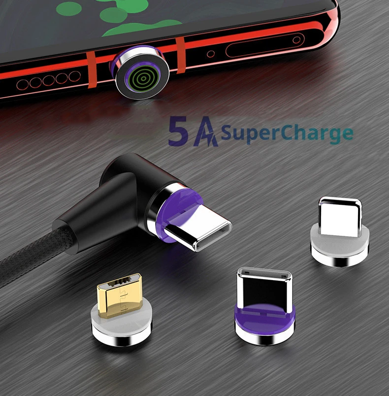 2M 5A 90 Degree Magnetic Cable Micro USB Type C Charging Cable For iPhone Samsung Fast Magnet Charger Data Cable Lightning Cord