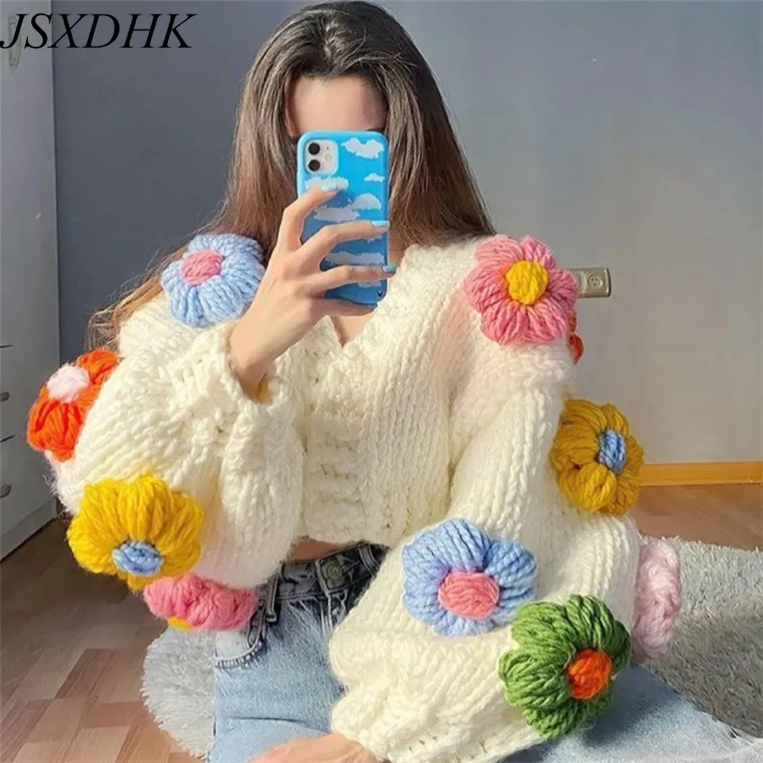 JSXDHK Fashion Women 3D Floral Handmade Sweater Cardigan Luxury Sweet Fall Winter Lantern Sleeve Knitted Loose Short Open Stitch