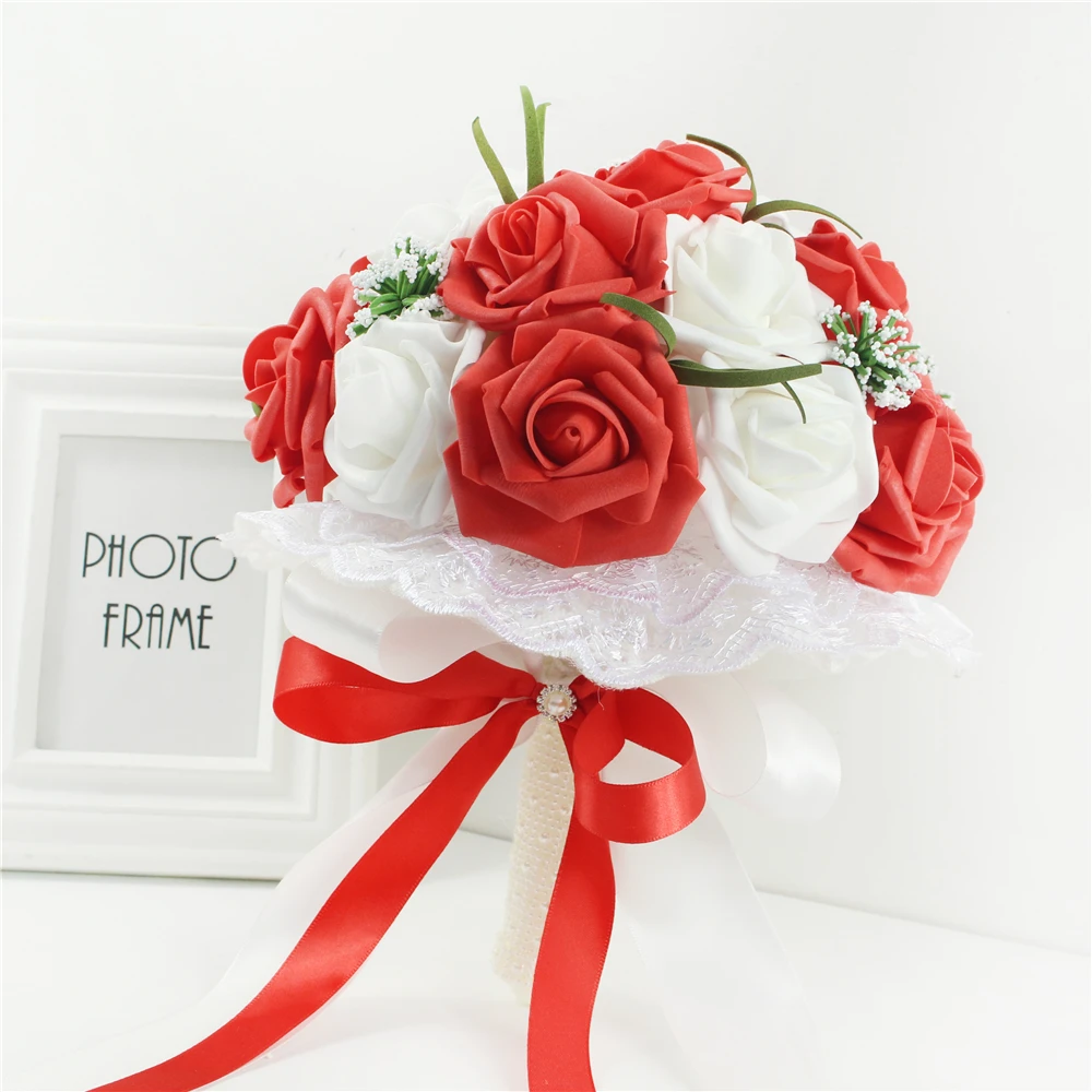 YO CHO Cheap PE Rose Bridesmaid Wedding Foam flowers Red Rose Bridal bouquet Ribbon Fake Wedding bouquet de noiva Customized