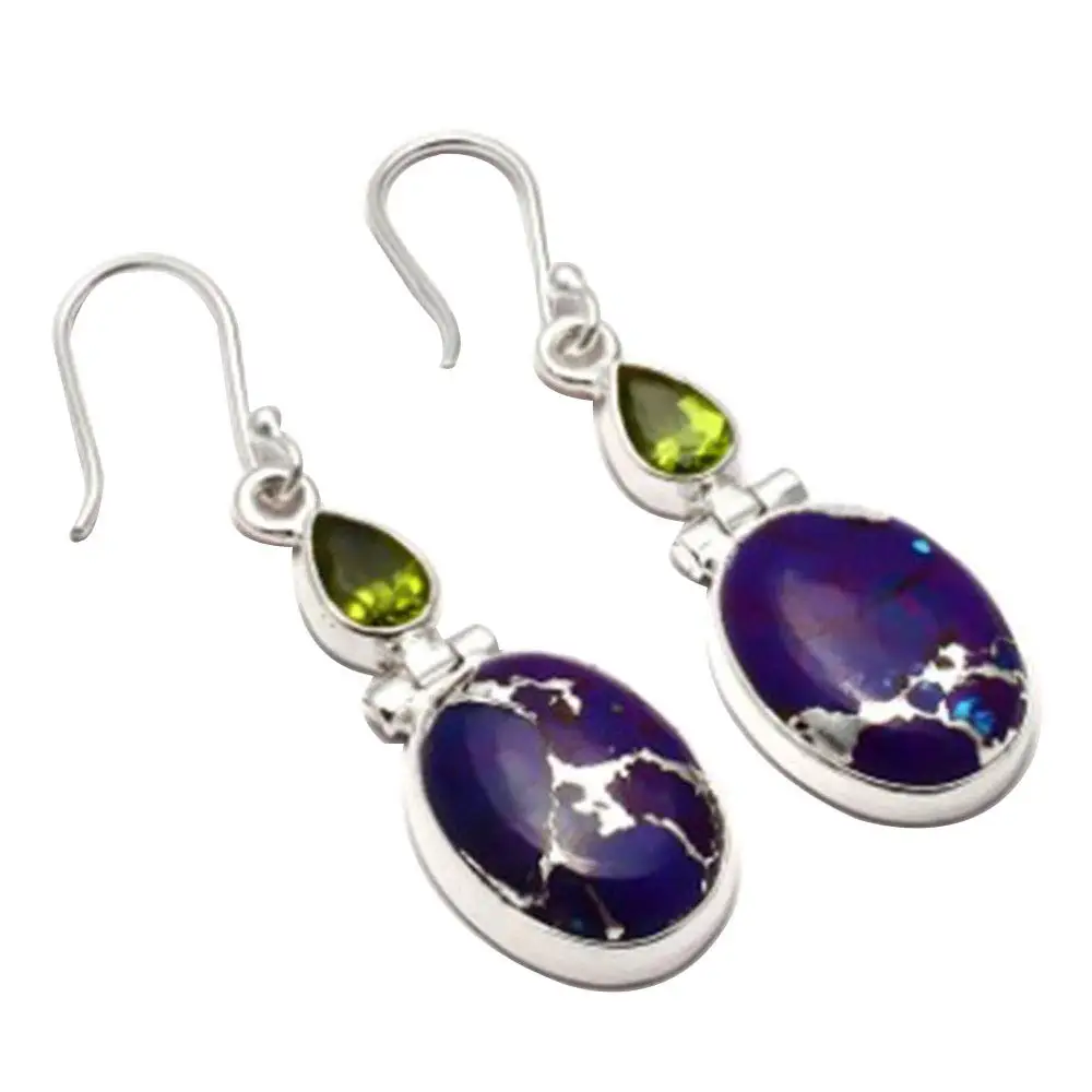 

Genuine Copper Turquoise + Peridot 925 Sterling Silver Earrings,45 mm, 2SE0354
