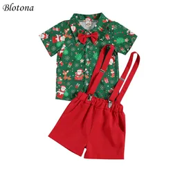 Blotona Toddler Baby Boy Lapel Short Sleeve Shirt Suit Christmas Cartoon Printing Top With Bow Tie+ Overalls Short Pants 6M-4Y